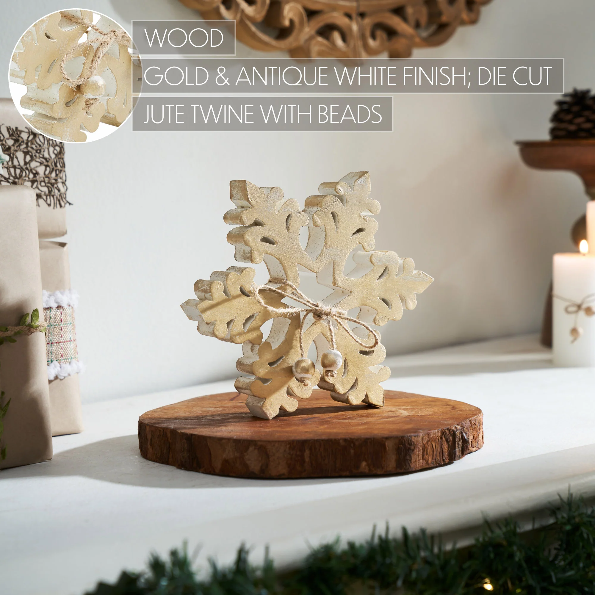 Yuletide Glow Brushed Gold Wooden 7" Snowflake - Image 4